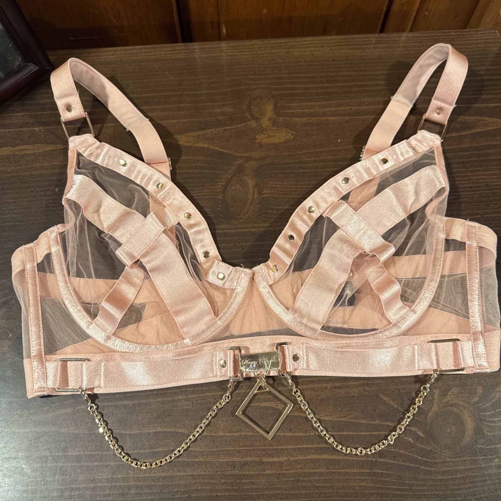 Honey Birdette INDRIA Sz 36G Pink Gold Sheer Chain Accent Bra