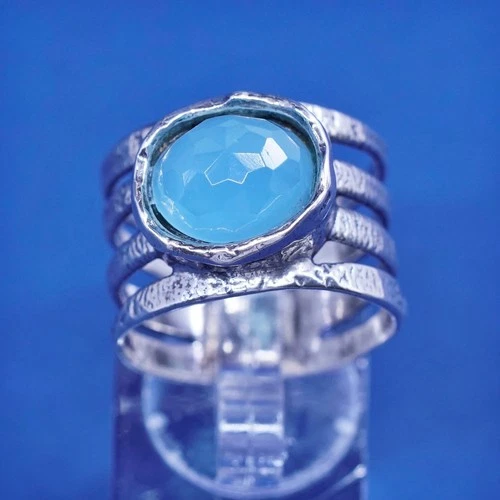 sz 9.5, vtg Israel sterling 925 silver handmade ring with aqua blue chalcedony