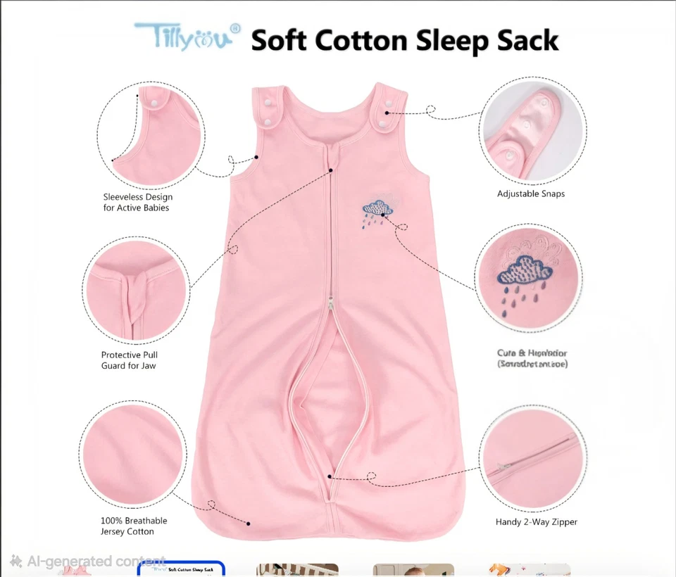 TILLYOU 2 包婴儿睡袋 18-24 个月大号粉色和小时,100% Cotto — 第 2/4 张图片