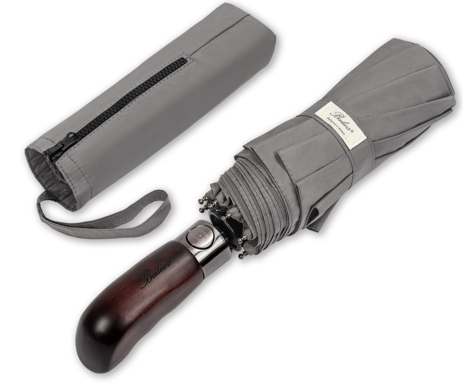 Metallic Grey Balios Auto Umbrella Double Canopy Real Wood Handle Windproof UK