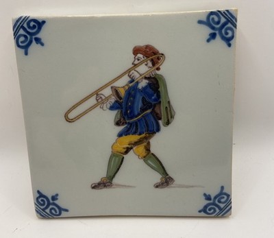 Vintage Royal Makkum Tichelaar Holland Polychrome Delft Tile Musician 6 