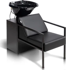 Salon Shampoo Bowl and Chair, Backwash Barber Chair with Tilting Sink & Cabinet