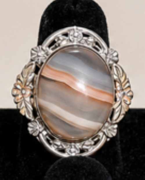 925 Sterling Silver Banded Agate Ring Tri Color Gold Leaves Statement Ring