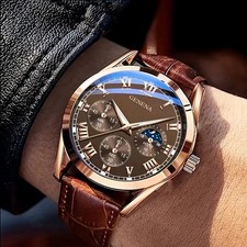 Mens Roman Numeral Watch Quartz Leather Strap Business Casual Analog Wristwatch