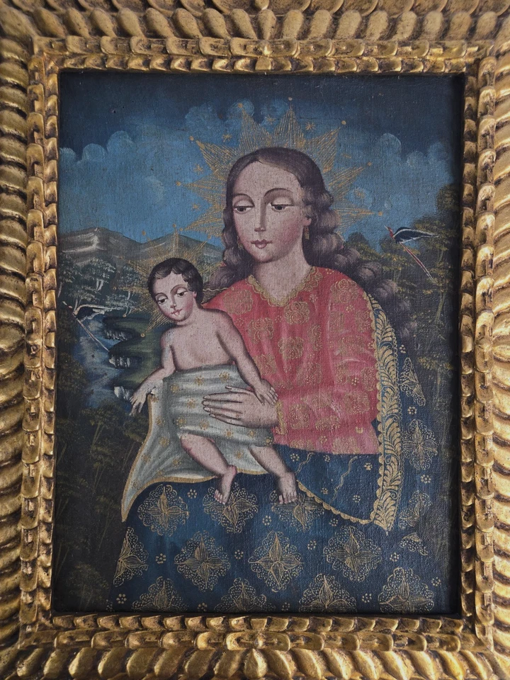 Vintage Cuzco Style Madonna and Child Original Oil Painting, 21 by 17 Inches - Image 2 of 4