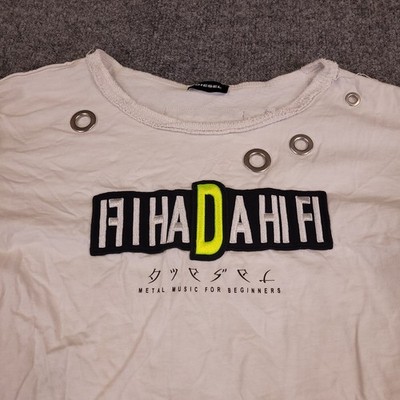 Diesel Girls Size 8 White Graphic Grommet Detail T Shirt Metal Music