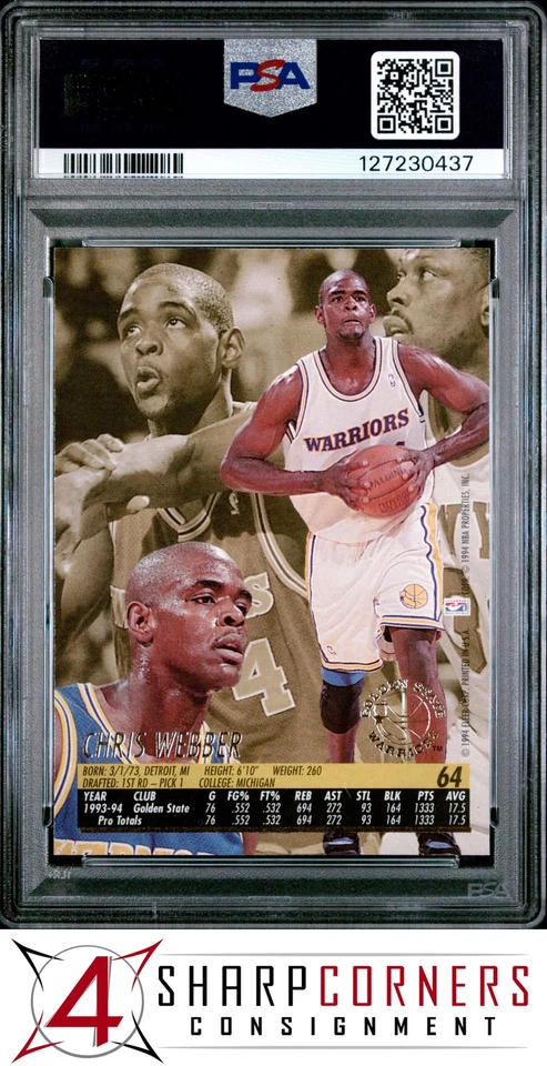 1994 ULTRA #64 CHRIS WEBBER WARRIORS HOF POP 4 PSA 10 - Image 2 of 3