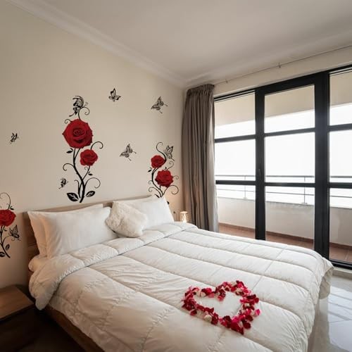 Wall Sticker Valentine's Day Flowers Butterfly Wall Decals Home Art Red ...