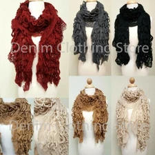 Women's Warm Winter Ruffle Long Scarf Knit Shawl Wrap Cowl Fringe Infinity Loop 