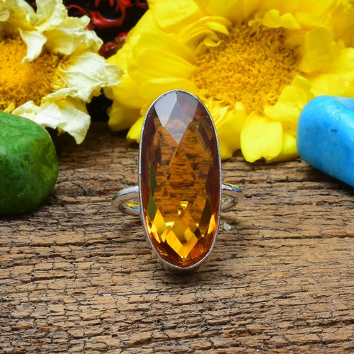 Charmant Citrine Gemme Topaze 925 Argent Bague Tout Taille