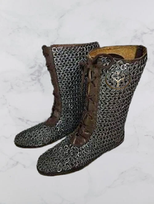 Medieval Chainmail Leather Boot Flat Riveted Rings Reenactment LARP Cosplay Gear - Image 3 of 4