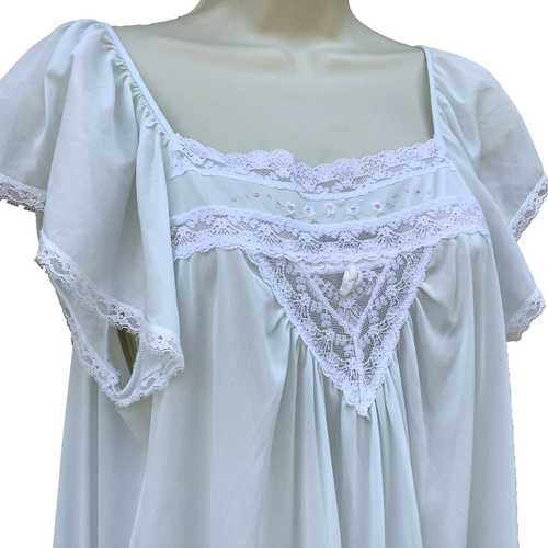 Camisón Nicole para mujer azul aguamarina nailon largo cuello cuadrado manga gorra bordado - Imagen 2 de 8