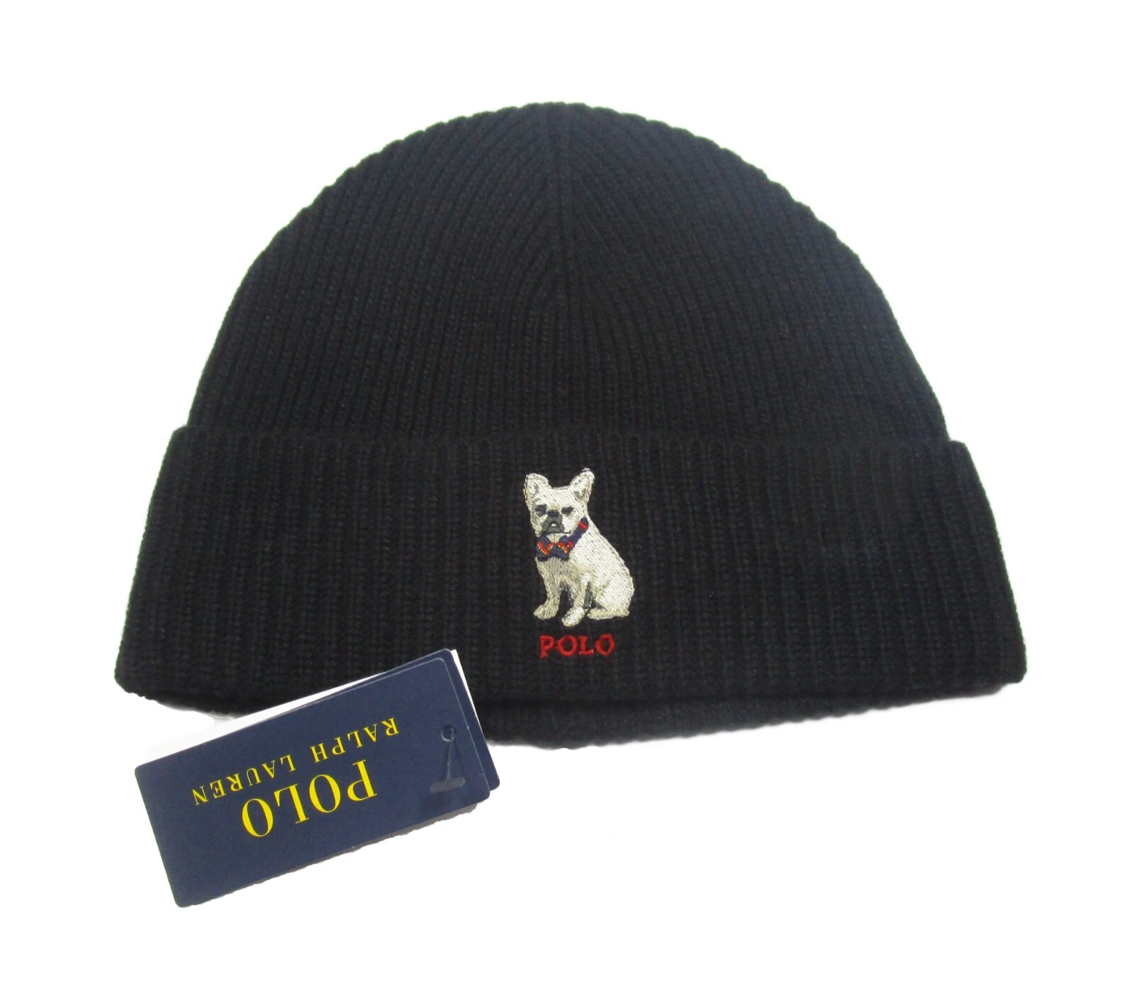 Polo Ralph Lauren Men's Black Frenchie Dog Wool Blend Ribbed Cuff Beanie