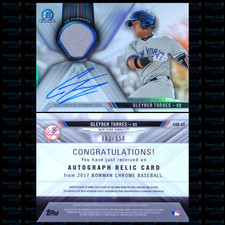 2017 BOWMAN CHROME CAR-GT GLEYBER TORRES AUTOGRAPH RELIC CARD /25 /150