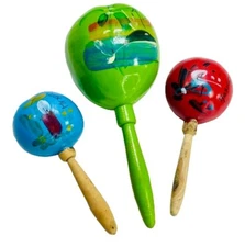3 VTG Mexican Maracas Hand Painted Art Percussion Gourd Wood Shakers Rattles LOT