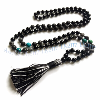 Black Agate Lava Stone Round Gems Tibet Buddhist 108 Prayer Beads Mala Necklace