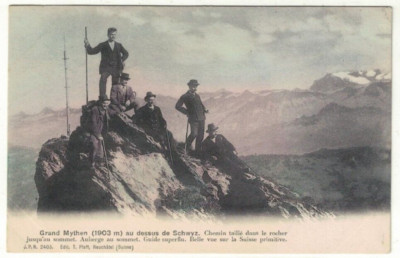 Alte Postkarte Bergsteiger auf Gipfel von Grand Mythen (1903m) Berg um 1901