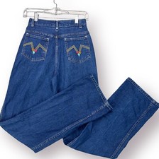 Vintage 70s Jeans Denim Womens 24" Waist High Rise Straight Embroidered Pockets