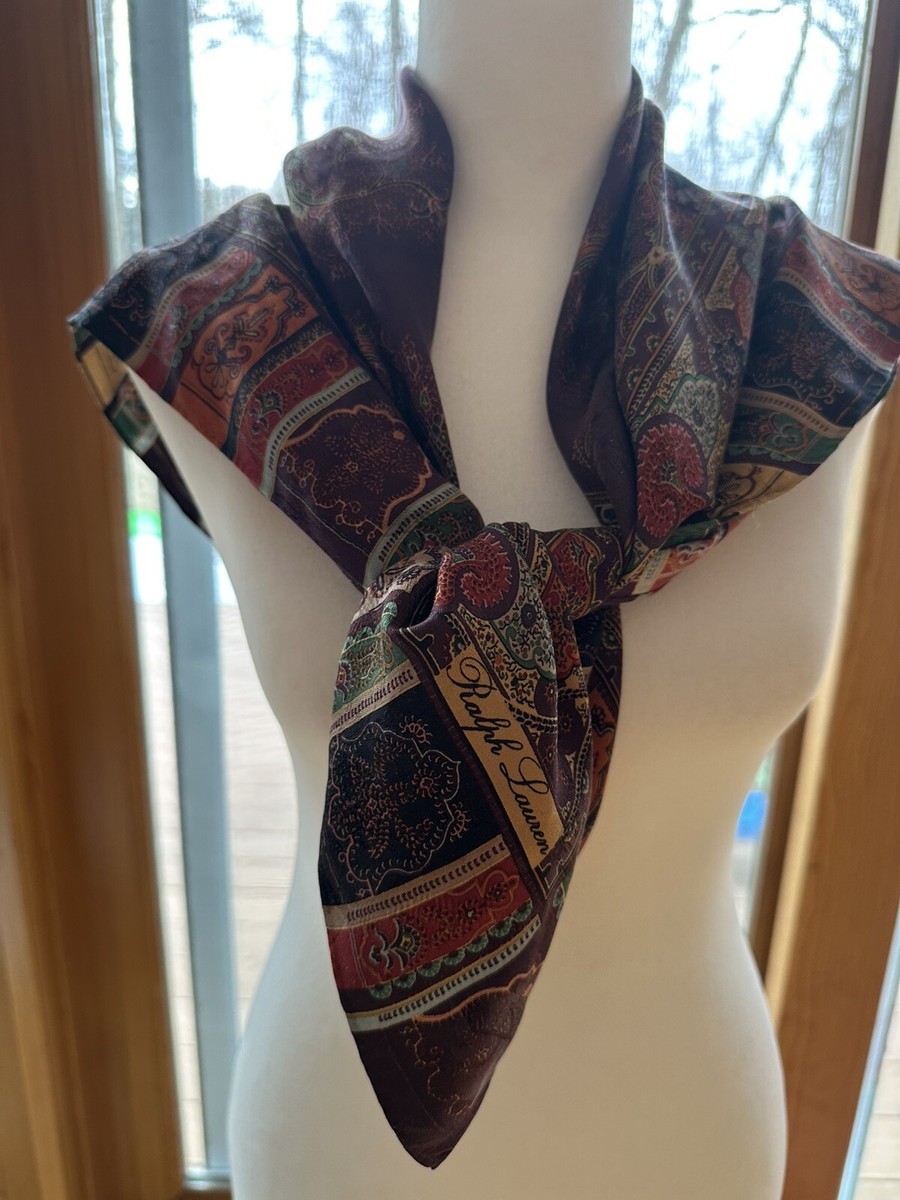 VTG Ralph Lauren Large Silk Scarf Square Paisley Gold Maroon Black Gold  Green