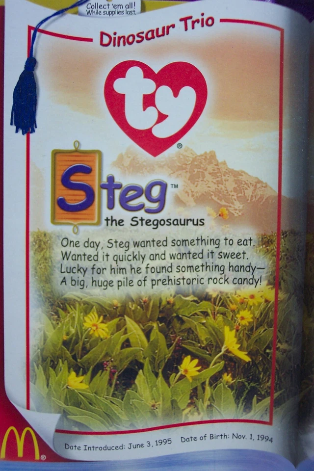 TY McDonald's Dinosaur Trio STEG THE STEGOSAURUS 5" Teenie Beanie Toy NEW Errors - image 3 of 4