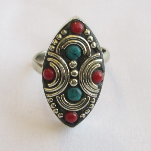 Tibetan Silver Turquoise Red Coral Original Jewelry Adjustable Round Ring R30 - Imagen 7 de 7
