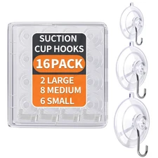 KORCCI Suction Cup Hooks 16Pack Assorted Size- 6 Small 8 Medium 2 Large, Clea...