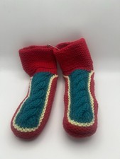 Pair Handmade Red  Green Knitted Slippers RARE