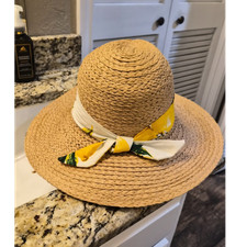Vince Camuto Beige Wide Brim Adjustable Sun Hat with Yellow Bow Accent