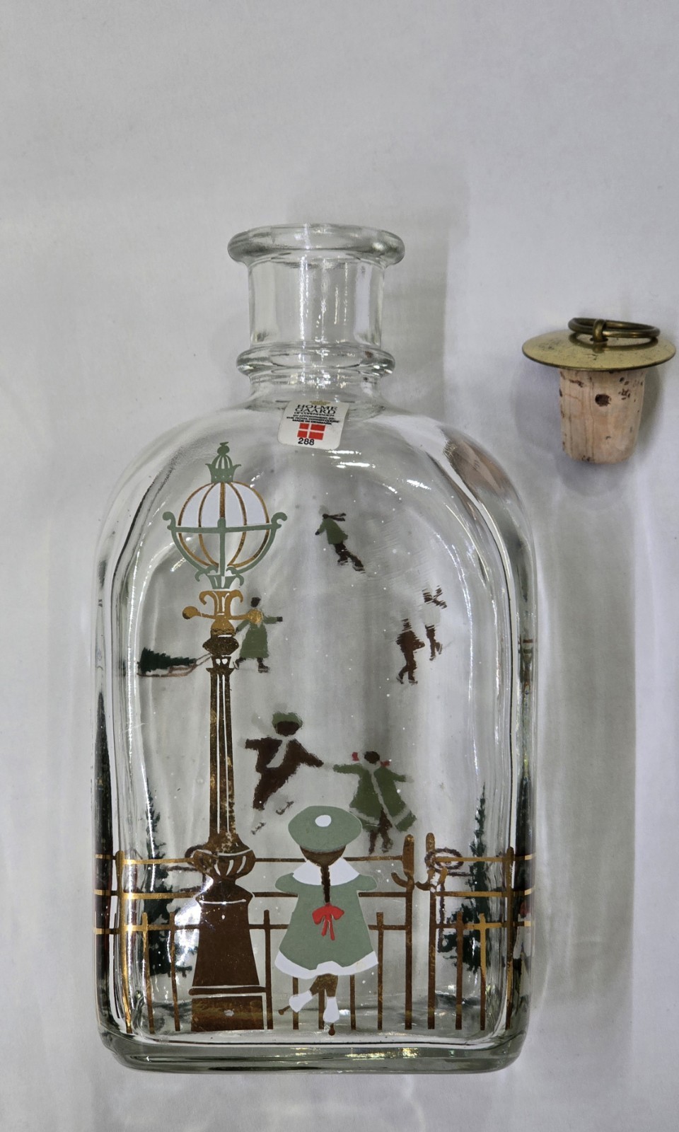 VTG Holmegaard Denmark Glass Bottle #288 Ice Skating Scene Christmas Decanter 