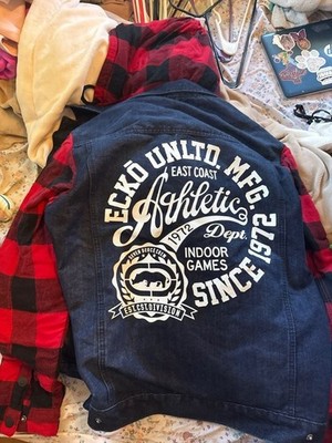 Ecko Unltd. Denim and Flannel Sleeve Graphic Jacket