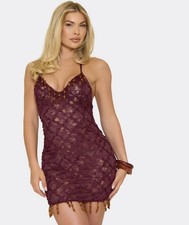 Ego Tassel Mini Dress Size 10 Burgundy Floral Lace Beaded Plunge Back Textured