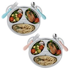 Set of 2 Stainless Steel Divided Plates and utensils for kids,3 Compartment