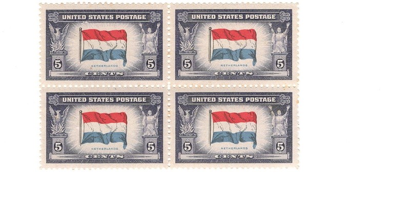 Sc#913 Netherlands WWll Over Run Nation Flag 5c Margin Block of 4 Stamps (1943)