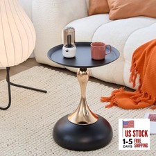 Modern Round Side Table with Gold Pedestal Base Metal Top, Accent End Black