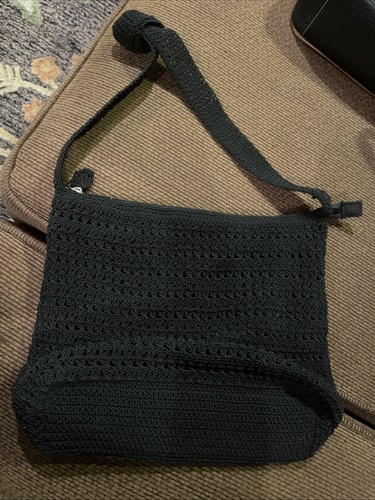Cartera LIZ CLAIBORNE 12 X 10 Negra Nylon Tejido Macramé Crochet Bolso de Mano Boho Cremallera