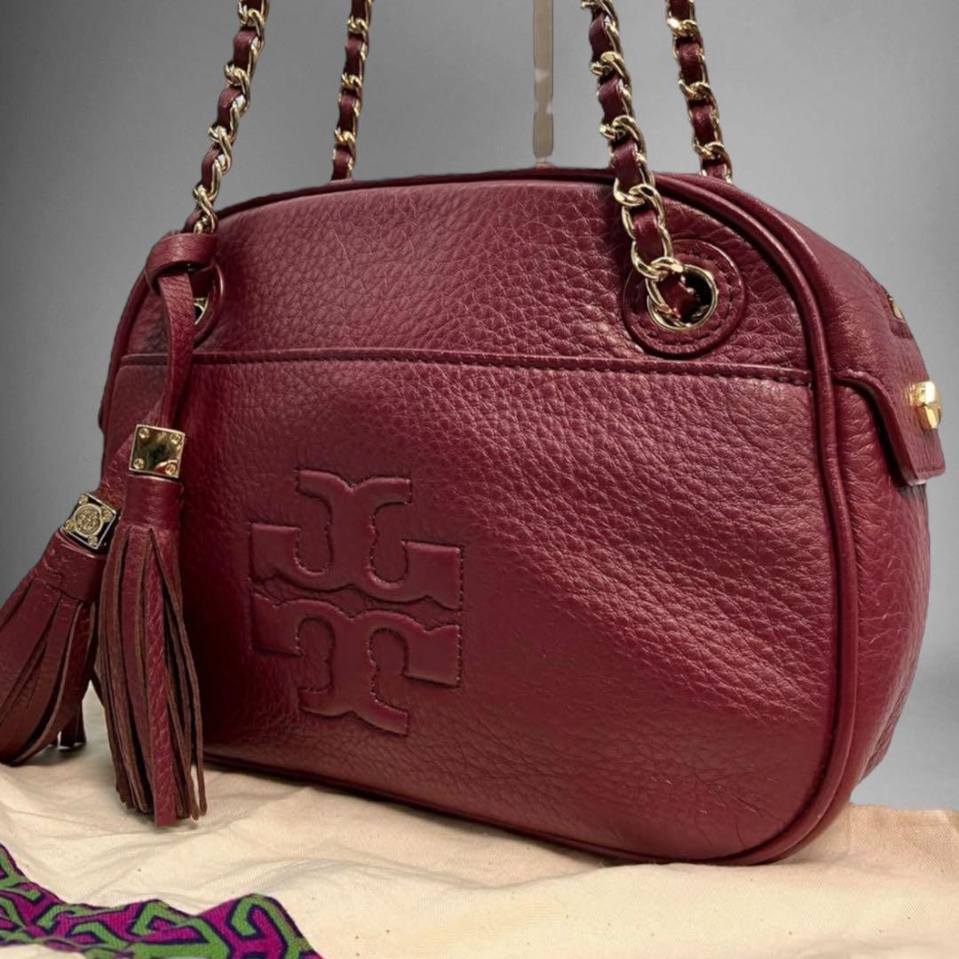Bolso de hombro con cadena Tory Burch con flecos de borla de cuero rojo...