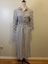 Gap Womens Navy Striped Viscose Maxi Shirt Dress Size XS NWT Belted Long Sleeve