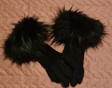 Vintage Wool Gloves with Black Fox Fur Cuffs 1980s