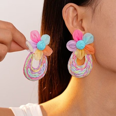 Women's Vacation Style Colorful Lafite Grass Earrings Mesh Flower Ear Studs
