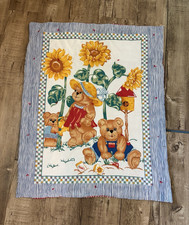 Vintage Teddy Bear Sunflower Crib Quilt Multicolor Cotton w/ Red Gingham Backing