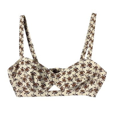 Tory Burch Dandelion Floral Print Bralette Top Size 2 Cotton Bra Brown Ivory