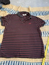 Vintage Levi's Men's XL Black and Red Striped Short Sleeve Polo Shirt with Logo