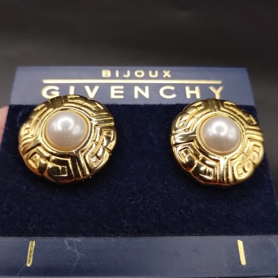 Vtg Bijoux Givenchy Faux Pearl Gold Tone Round Pierced Earrings  - Image 2 of 4