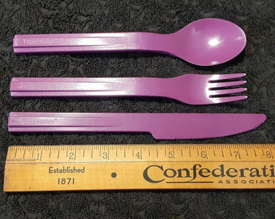 Tupperware Snap Together On The Go Utensils Fork Knife Spoon in Purple New