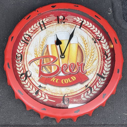 Vintage Style Bottle Cap Wall Clock - Ice Cold Beer -Man Cave Bar Decor Sign 14”