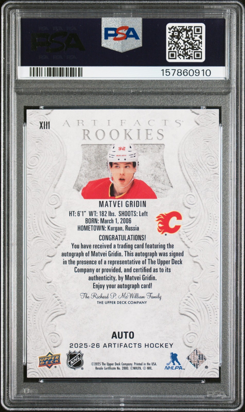 PSA 10 - Matvei Gridin #XIII Rookie Redemption Auto 2025-26 Artifacts Hockey RC view 3