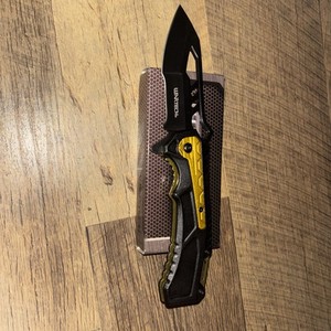 WarTech Black/Gold Aluminum Handle Drop Point Plain Blade Manual Pocketknife