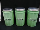 Set of 3 Green Jadeite Canisters Sugar Coffee Flower & Screw on Lids