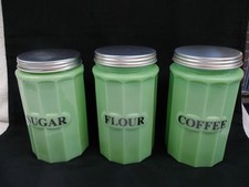 Set of 3 Green Jadeite Canisters Sugar Coffee...