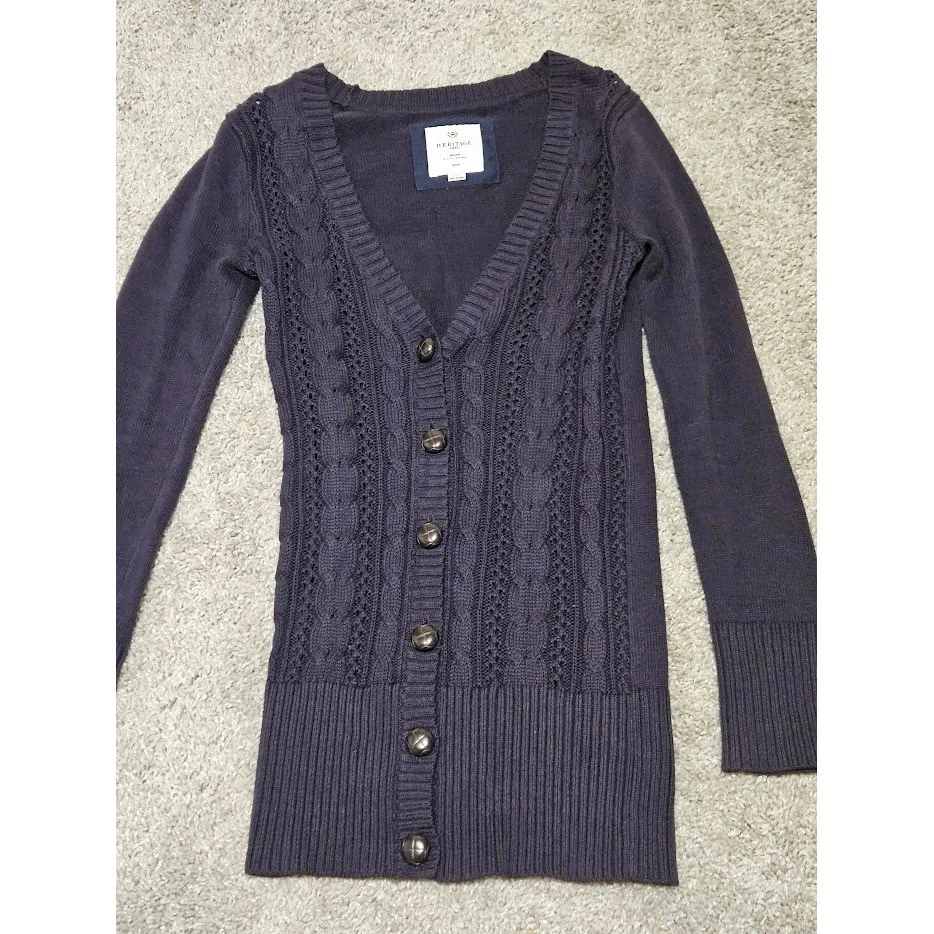 Cárdigan Heritage 1981 para mujer pequeño azul marino suéter tejido con cable Academia Preppy Foto 2 de 4